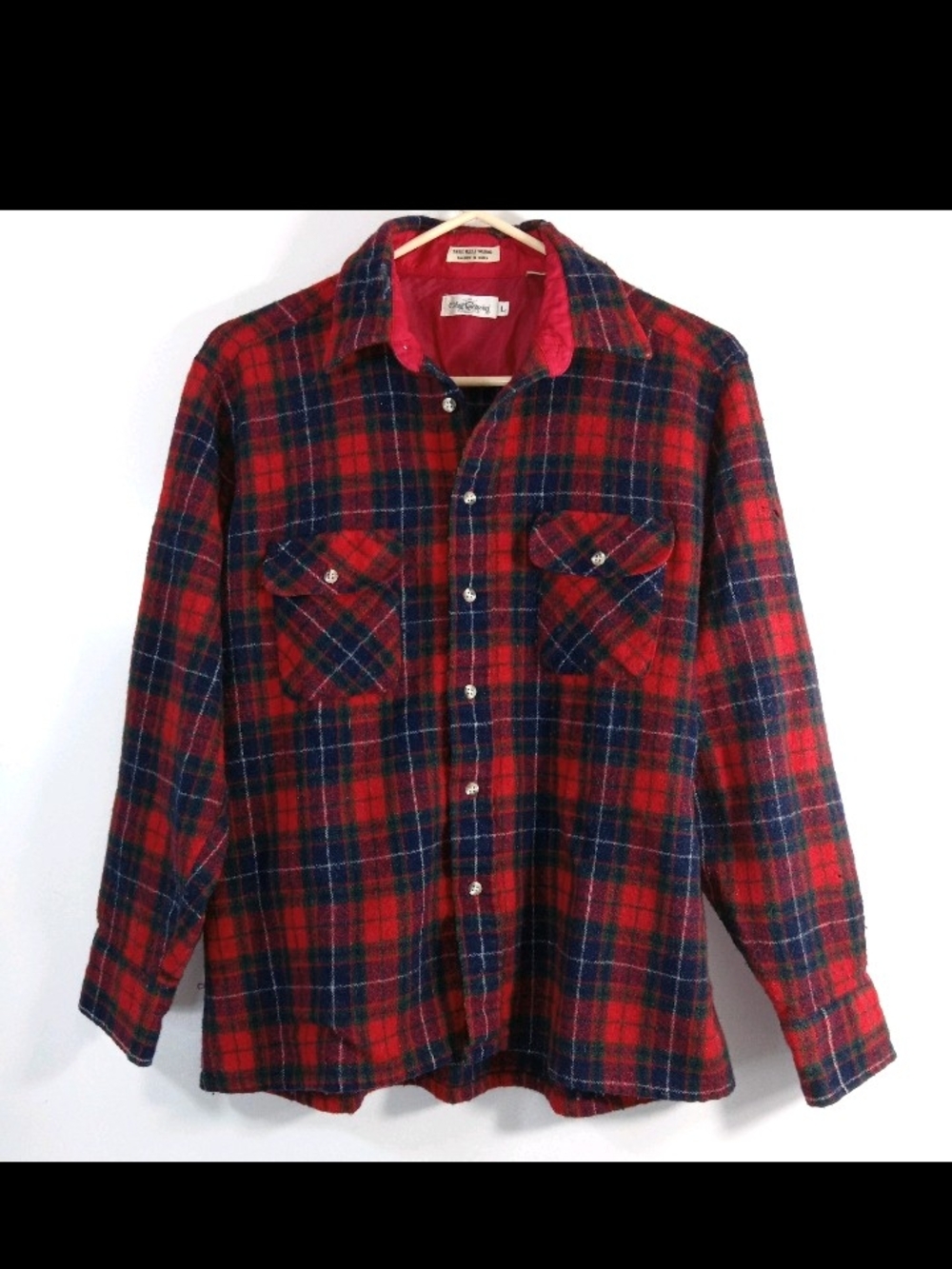 Vintage Oleg Cassini Red Navy Plaid Flannel Shirt 85% Wool Distressed